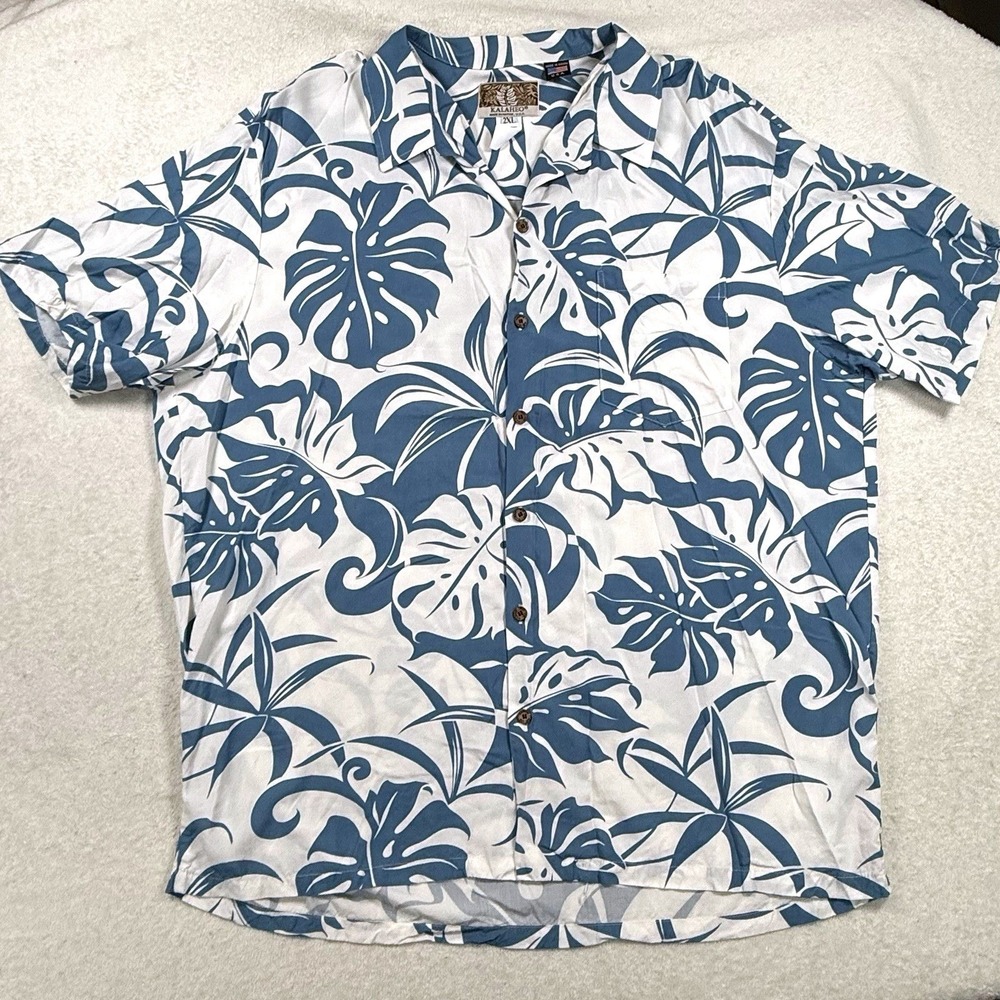 Kalaheo Mens 2XL Blue White Rayon Hawaiian Aloha Shirt Tropical Made In USA